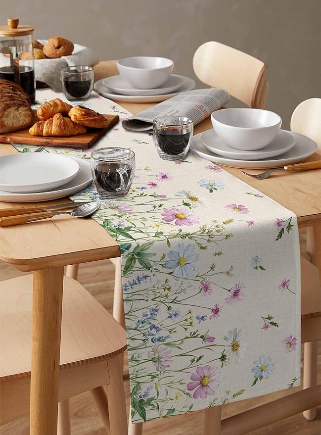 Vintage Wildflowers Cotton Linen Table Runner for Dining Kitchen, Wedding Outdoor Party Tablerunners Decoration, Farm Floral Pink Botanical Plants Dresser Scarf Coffee Tablecloth Runners 13x108 Inches