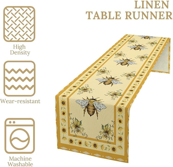 Honey Bee Table Runner, Farmhouse Yellow Sunflower Retro Summer Linen Tables Runners for Kitchen Dining Table Home Party Decor, 13x90inch