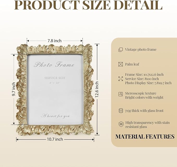 Cuspin 8x10 Picture Frame Vintage Gold Frames, Elegant Photo Frame with Glass Front, Palm Leaves Textured Hand-Crafted Resin Frame for Wall and Tabletop Display Home Decor