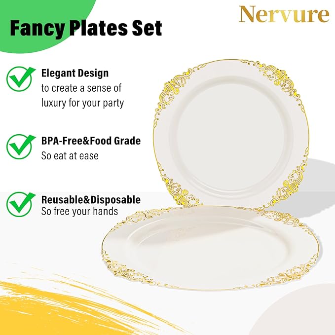 Nervure 350PCS Ivory Plastic Plates - Ivory Gold Plastic Dinnerware Sets for 50 Guests - 100 Gold Disposable Plates, 50 Pre Rolled Silverware Sets, 50 Cups Perfect for Wedding & Thanksgiving