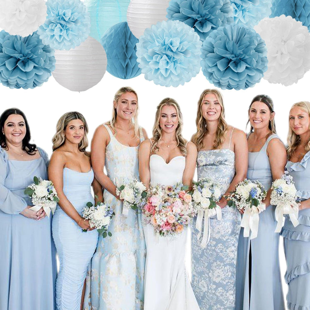 Dusty-Blue White Party-Decorations Paper-Flowers Lanterns - 15pcs Birthday Baby Bridal Shower Tissue Pom Poms Streamers Honeycomb, Boy Men Wedding Bachelorette Hanging Supplies Decor Hugfond