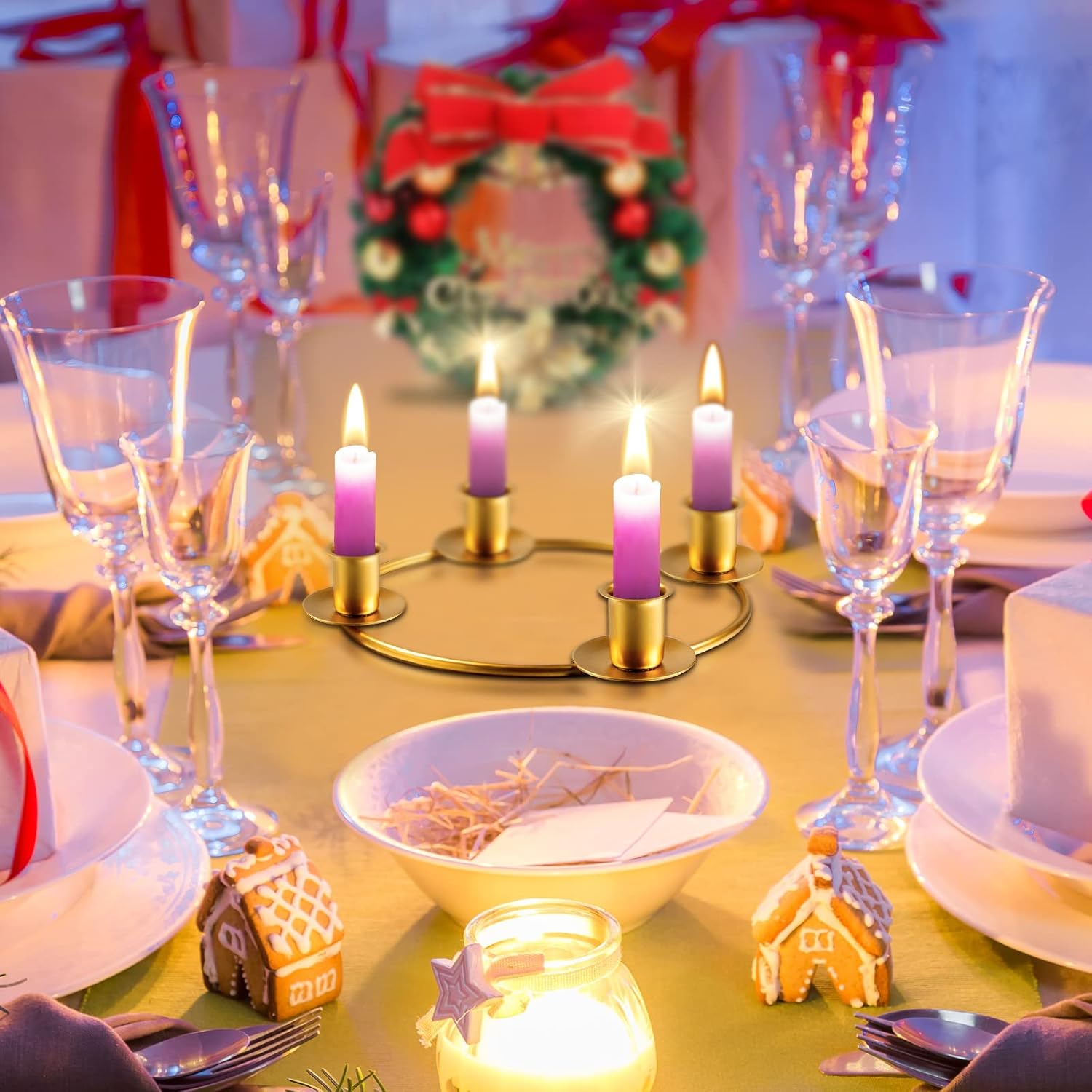 6 Pieces Christmas Advent Wreath Ring Advent Candle Holder Gold Wreaths Rings Xmas Metal Wrought Iron Candlestick Taper Metal Candle Holder for Home Table