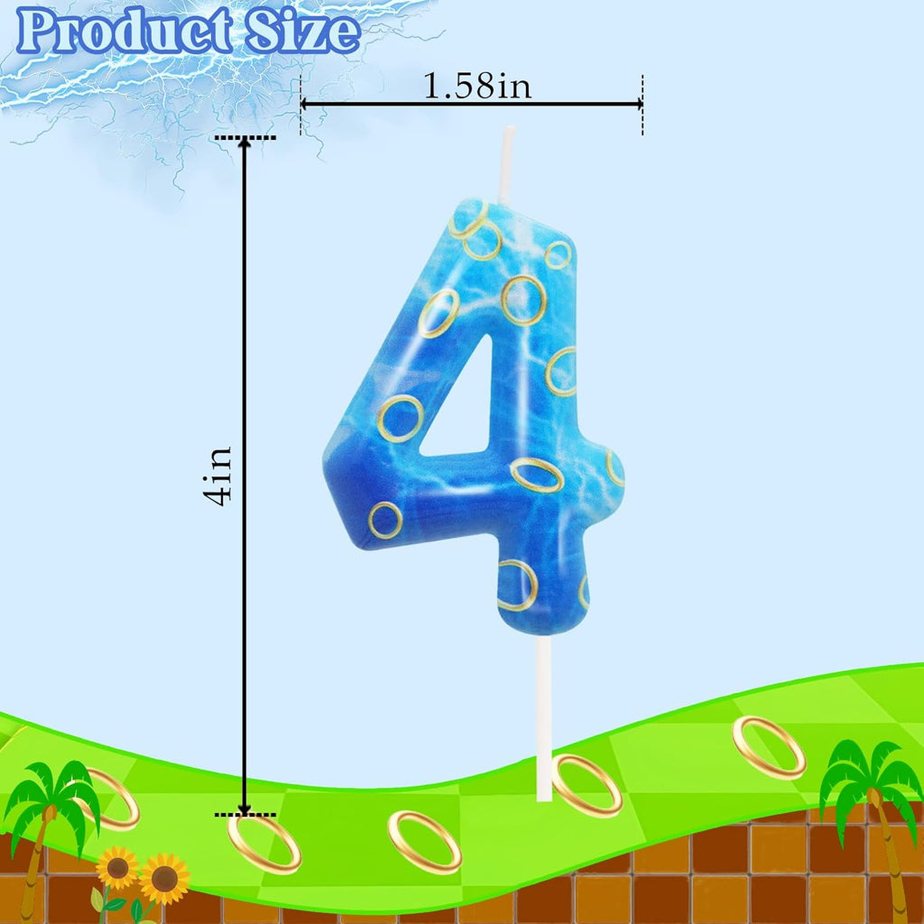 Blue and Golden Ring 4 Candle, Number 4 Candle Cake Topper Boy Birthday Decorations, Cartoon Themed Birthday Party Supplies