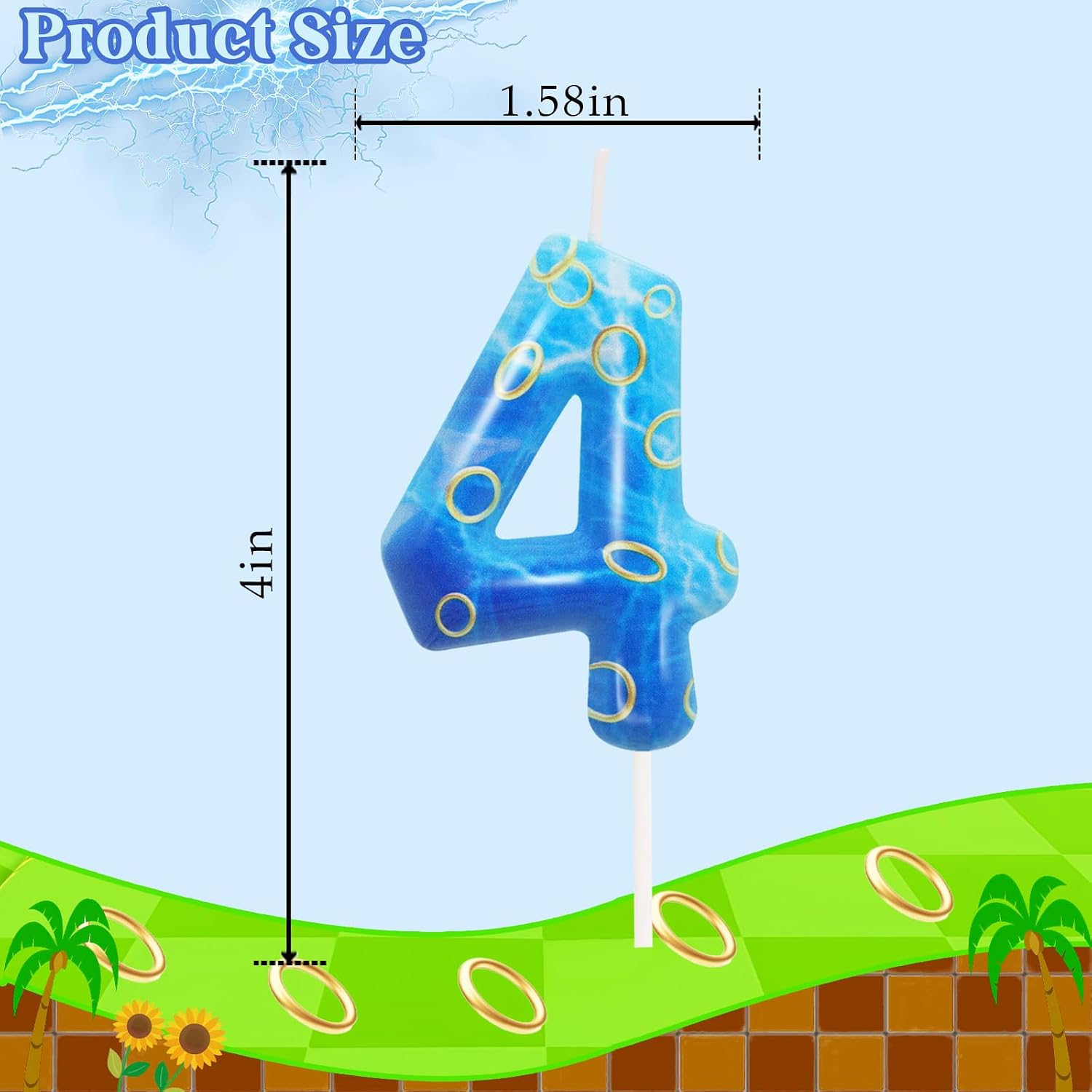 Blue and Golden Ring 4 Candle, Number 4 Candle Cake Topper Boy Birthday Decorations, Cartoon Themed Birthday Party Supplies