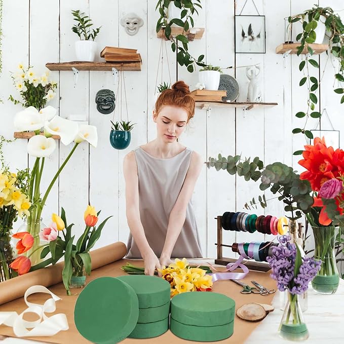6 Pcs Round Floral Foam Blocks for Flower Arrangements (Diameter6.5”) Large Wet and Dry Green Flower Florist Foam Round for Fresh and Artificial Flowers, Plant Decorations