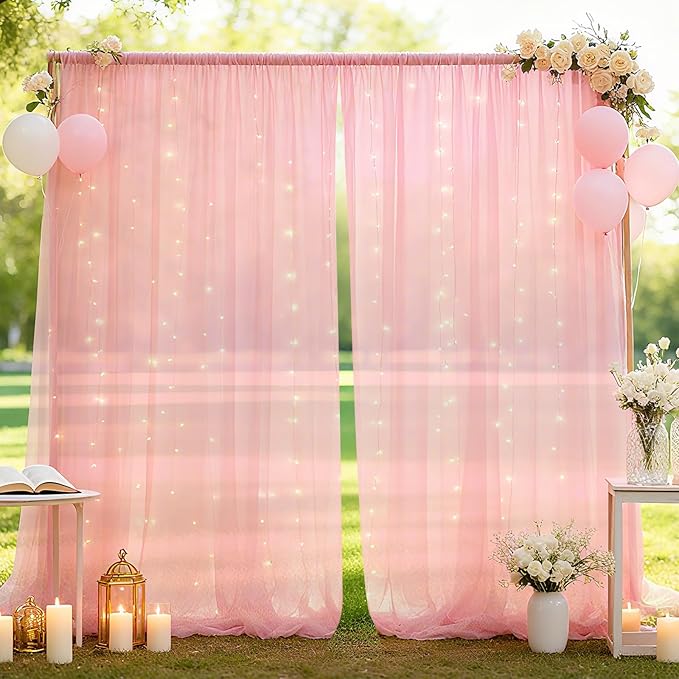 10×8ft Tulle Backdrop Curtains with Lights String - 300LED Fairy Lights Sheer Curtain Backdrop for Weddings Baby Shower and Birthday Party Decorations(8 Panels 5×8ft)