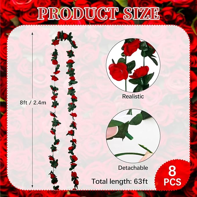 8Pcs 63Ft Red Rose Garland, Fake Rose Hanging Flowers, Artificial Flower Vine, Hanging Floral Vine Garland for Wedding, Birthday Party, Wall Arch, Halloween, Christmas Garden Backdrop Decor