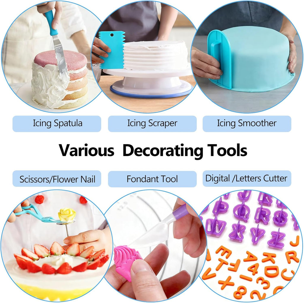 Makmeng 722pcs Cake Decorating Kit - Baking Supplies with Springform Pans, Cake Rotating Turntable, Icing Piping Bags and frosting Tips Set - Cake Decorating Tools for Beginners