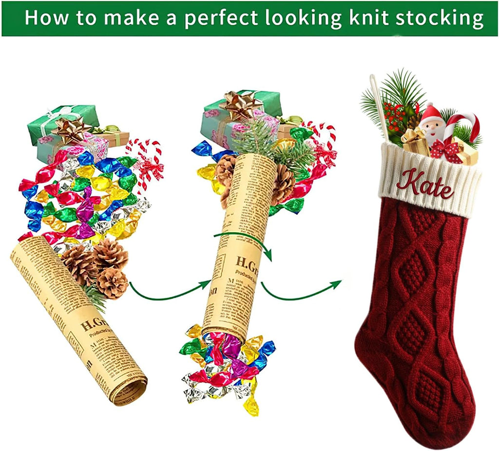 Dreamdecor Personalized Christmas Stockings with Names Monogram, 18” Large Family Knitted Xmas Stocking with Leather Nameplate for Kids, 1 Pack Customized Christmas Stockings for Fireplace Holiday