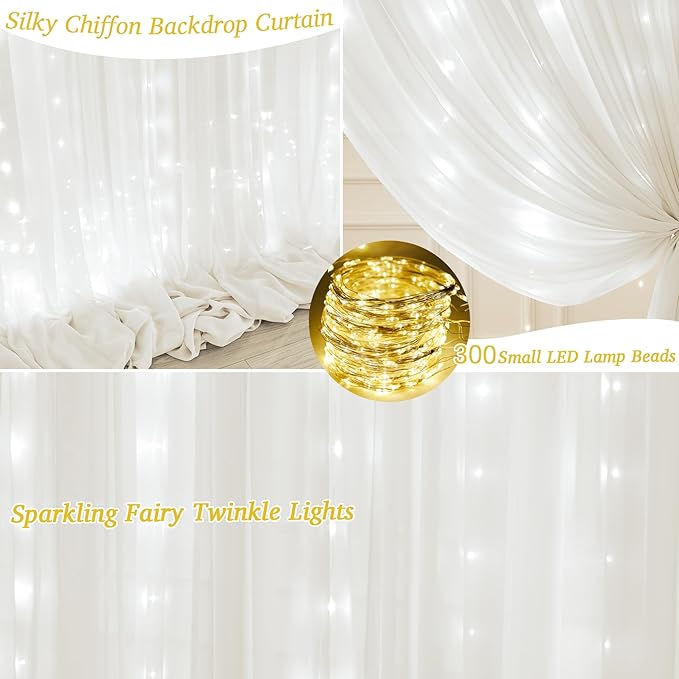 10x10ft Cream White Chiffon Backdrop Curtain with Lights String for Wedding Parties, Sheer Photo Backdrop Curtains for Baby Shower Bridal Shower Birthday Party Ceremony Reception