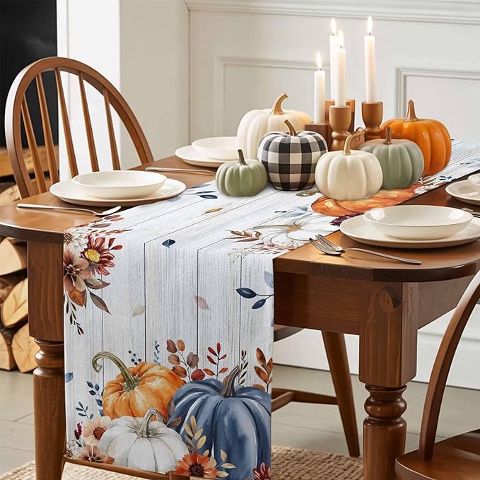 Thanksgiving Fall Cotton Linen Table Runner for Dining Kitchen, Pumpkins Eucalyptus Wedding Outdoor Party Tablerunners Decoration, Farmhouse Wooden Dresser Scarf Coffee Tablecloth Runners 13x60 Inches