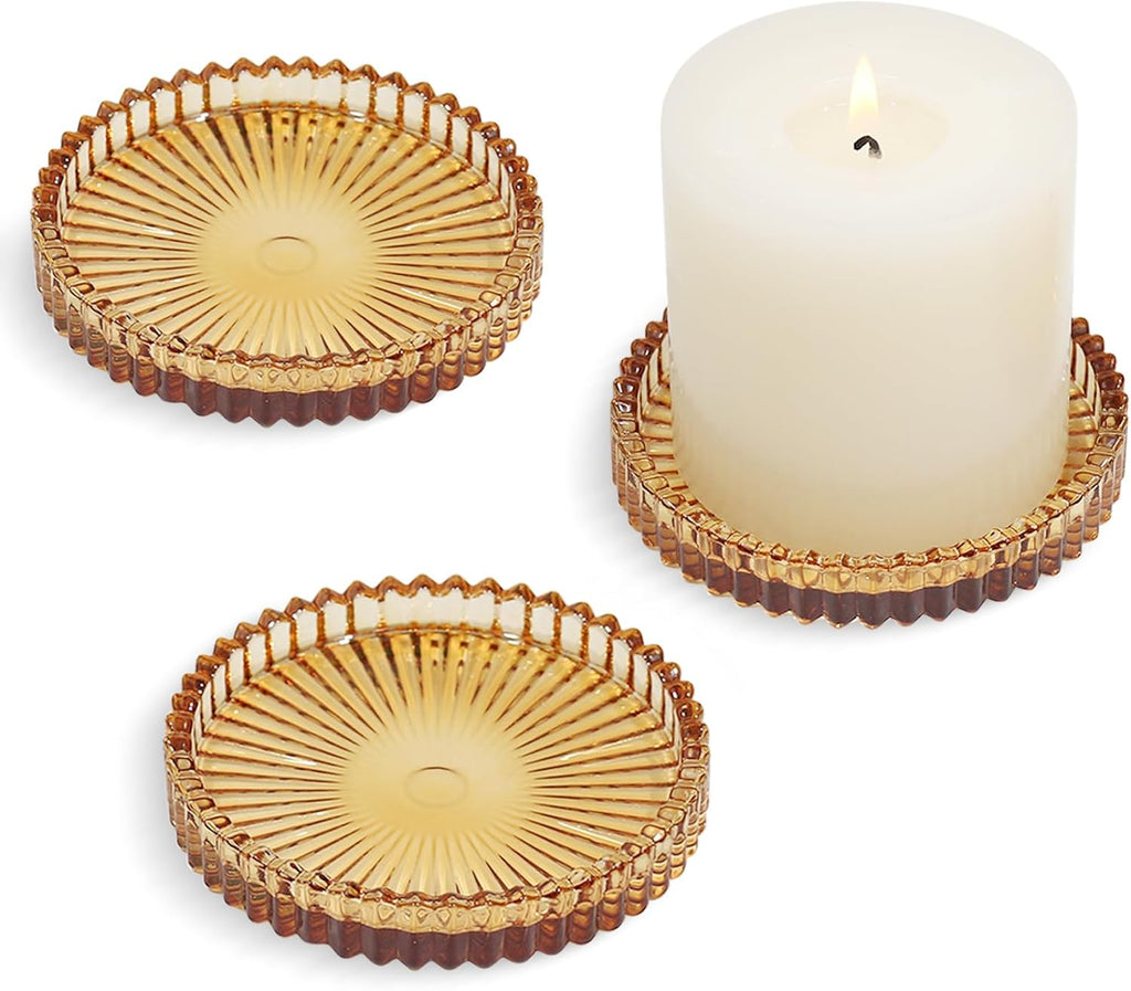 Glass Pillar Candle Holder, 4" Amber Candle Plates Set of 3, Glass Candle Holders for Wedding, Party, Holiday, Home Decor, Table Centerpiece