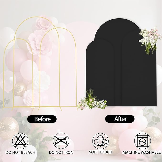 WEERRW Wedding Arch Cover Black Spandex Fitted Set of 3 Balloon Arch Stand Covers Round Top Chiara Stretchy Backdrop for Birthday Party Baby Shower Banquet Decoration (6FT, 6.6FT, 7.2FT)