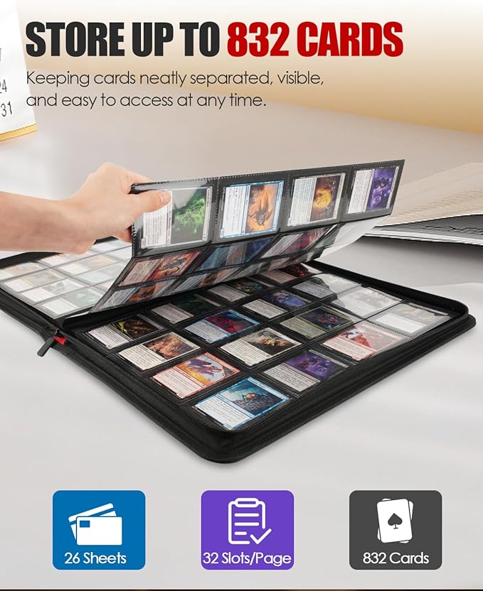 16-Pocket Card Binder - Card Binder Holds 832 Cards with Durable PU Leather & Side Loading for Baseball, Sport, MTG, TCG, PKM, Game Cards, Regular Cards Binder Double Sided Pocket Collector Album