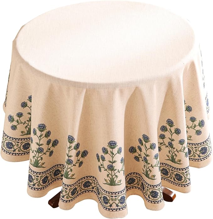 patdrea Designer Linen Blue Round Tablecloth,Vintage Leaves Pattern Floral Anti-Wrinkle Table Cloth,French Fall Dacorative Table Cover for Kitchen Dining,Thanksgiving,Party,Diameter 67"-Ivar B