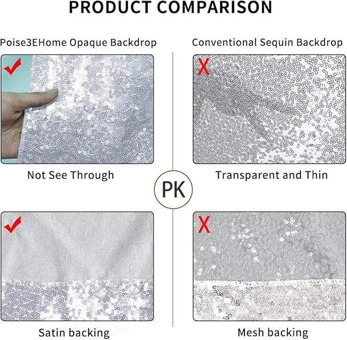 Poise3EHome 6Ft x 8Ft Silver Sequin Backdrop Curtain, Glitter Thick Satin Background Drapes, Sparkly Opaque Photography Curtain, Sequence Xmas Thanksgiving Backdrop for Wedding Party Holiday Decor