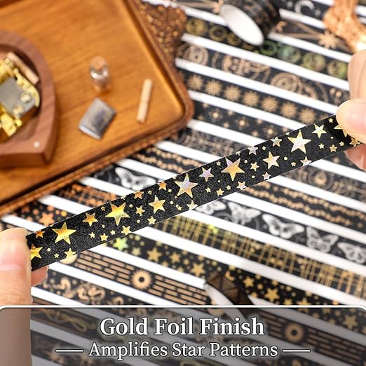 36 Rolls Glow-in-The-Dark Starry Washi Tape Set with Gold Foil Celestial Patterns - Writeable Decorative Tapes for Scrapbooking, Bible Journaling, Bullet Journals 0.6" x 79" per Roll