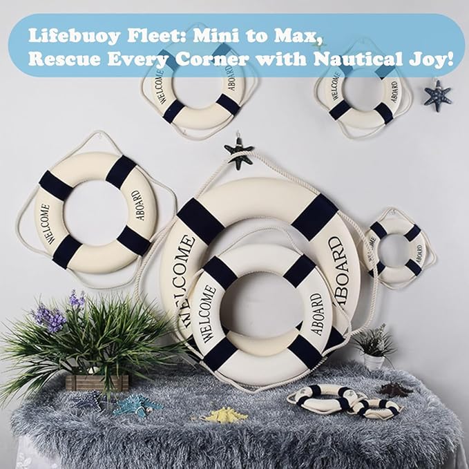 MorroMorn Lifebuoy Wall Hanging Decor - Welcome Aboard Mediterranean Style Home Decoration (Navy, 8")