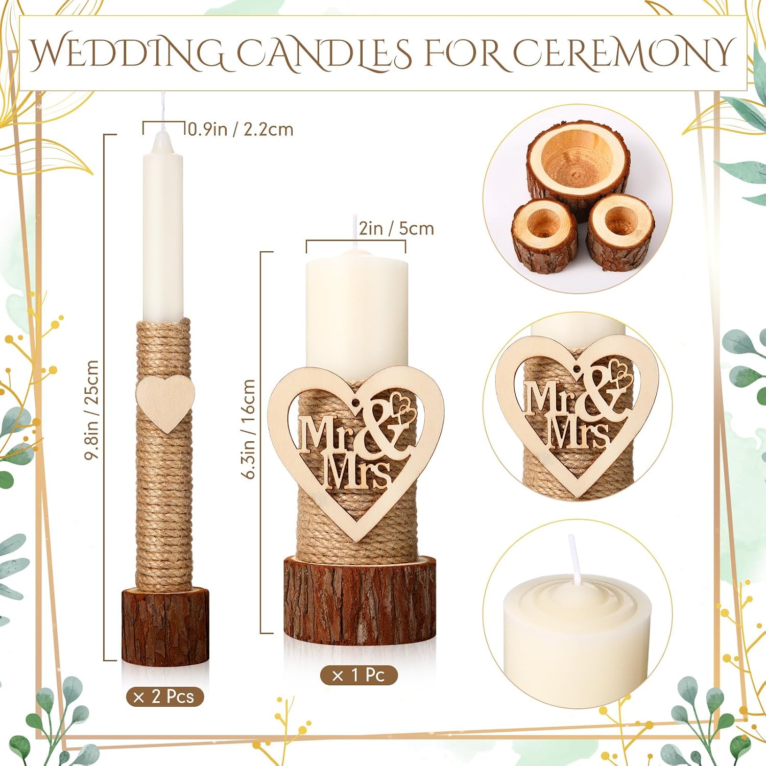 Conelist Unity Candles for Wedding Ceremony Set - 1 6.3" Pillar 2 9.8'' Taper Candles 2 Marriage Cards Wedding Candle with Holder for Rustic Romantic Ceremony Events Supplies(Retro)