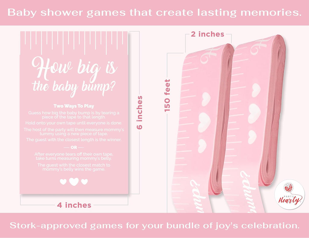 Party Hearty Baby Bump Measure Game, 2 Rolls, Baby Shower Game - Pink | 2 Inch Wide x 150 Feet Long x 2 Rolls, Sturdy but easy to tear, Fun & Easy Idea