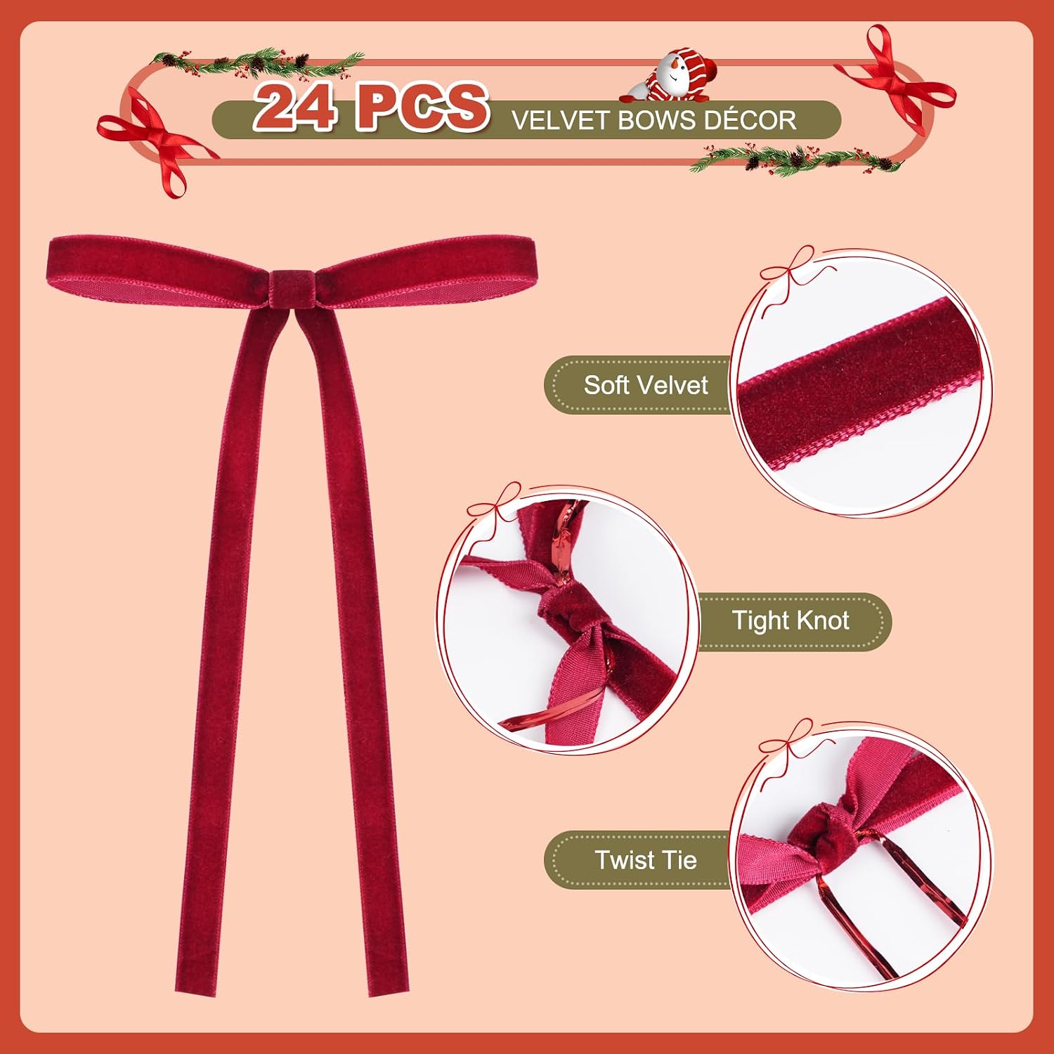 MEILIDY Velvet Christmas Bows, Small Velvet Twist Tie Bows for Tree Wreath Craft Decoration, Burgundy, 24 Pcs