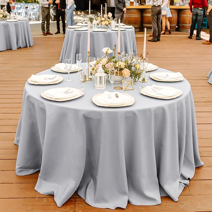 12 Pack Round Tablecloth 120 Inch - Light Grey Polyester Table Cloth for Round Table, Premium Light Grey Tableclothes Washable Fabric Cover for Wedding Party Banquet Restaurant Reception Dining
