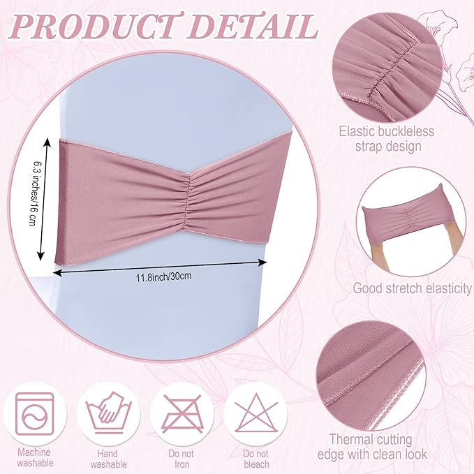 Moukeren 100 Pcs Spandex Chair Sashes Bows Bands Slider Sashes for Chair Covers Elastic Bands Ties Ribbon Decorations for Wedding Party Events Ceremony Birthday Banquet(Dusty Pink)