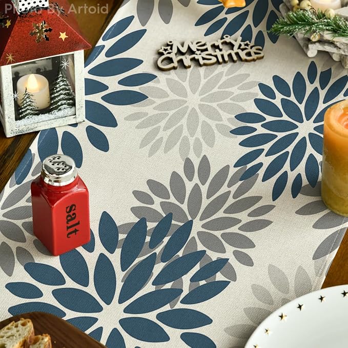 Artoid Mode Dahlia Aqua Floral Pinnata Flower Winter Table Runner, Seasonal Summer Holiday Kitchen Dining Table Decoration for Home Party Decor 13x36 Inch
