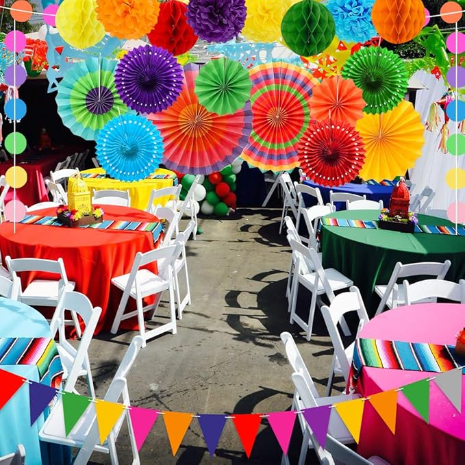 Colorful Birthday Decorations - Mexican Fiesta Party Decorations with Paper Fans, Paper Pom Poms,Dots Garland, Pennant Banner, Honeycomb Balls Packs
