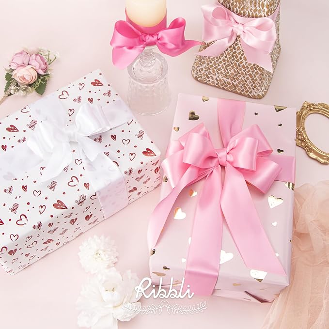 Ribbli Pink Satin Ribbon 1-1/2 Inch x 4 Rolls Total 40 Yards- White Pink Ribbon for Gift Wrapping Craft Wedding Decoration