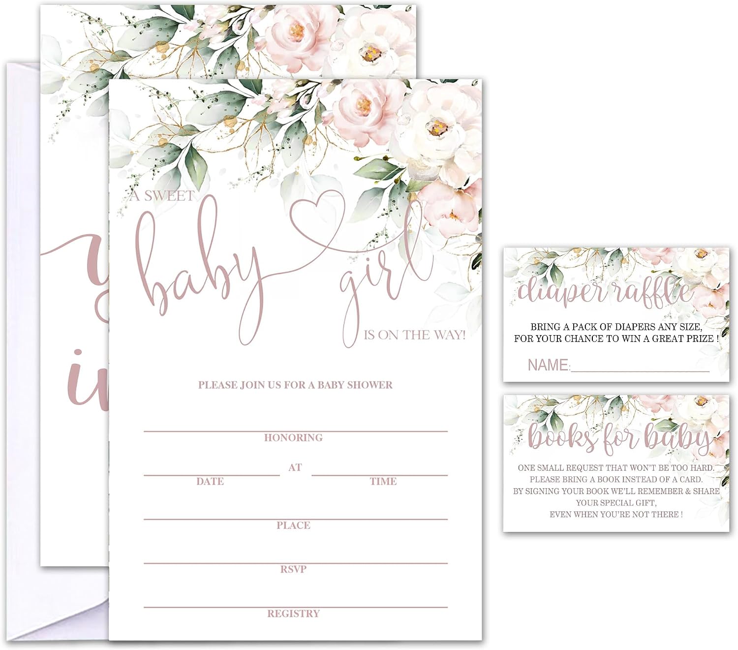 Set of 25 Baby Shower Invitations with Envelopes, Diaper Raffle Tickets and Baby Shower Book Request Cards, Floral flower