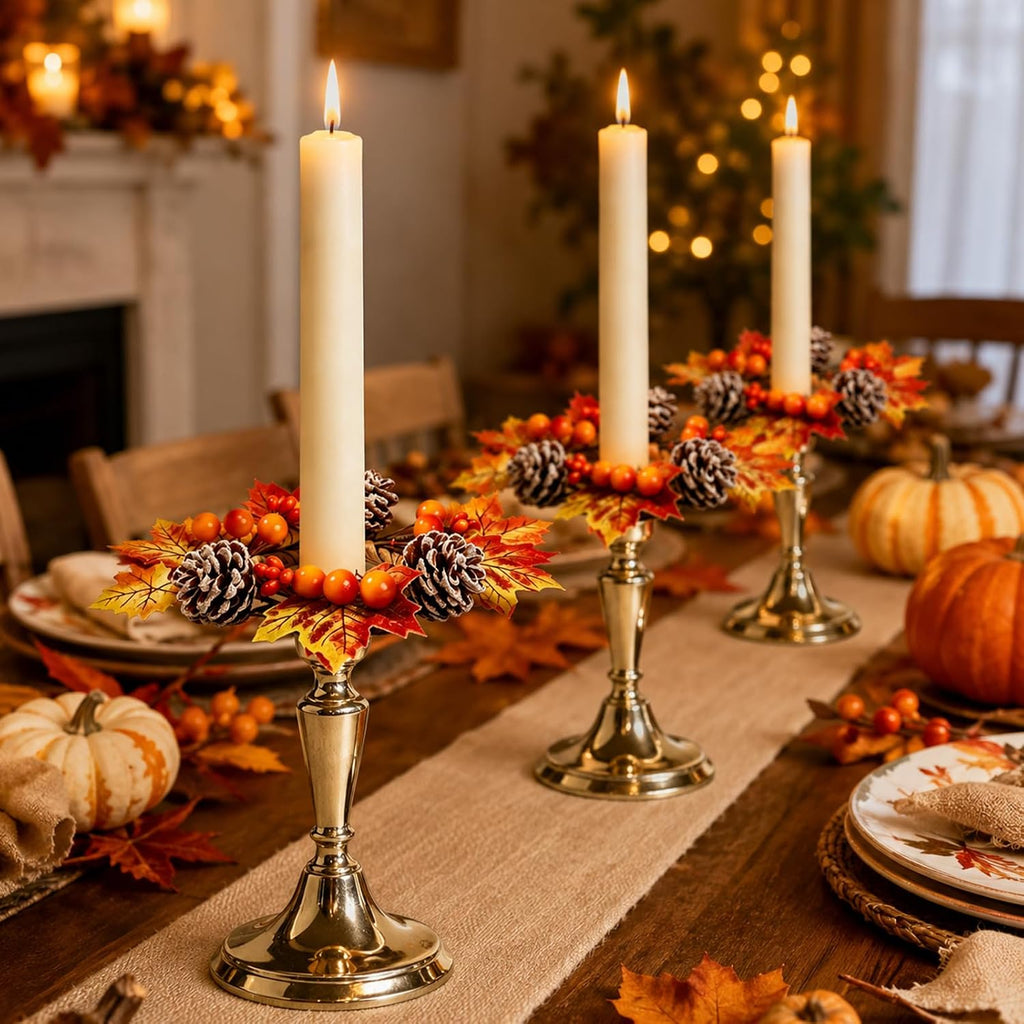 6 PCS Fall Taper Candle Rings 1.38" Mini Thanksgiving Taper Candle Holder Wreaths with Maple Leaves Pine Cones Berries Autumn Harvest Table Centerpieces Decor for Candlesticks Farmhouse Home Decor