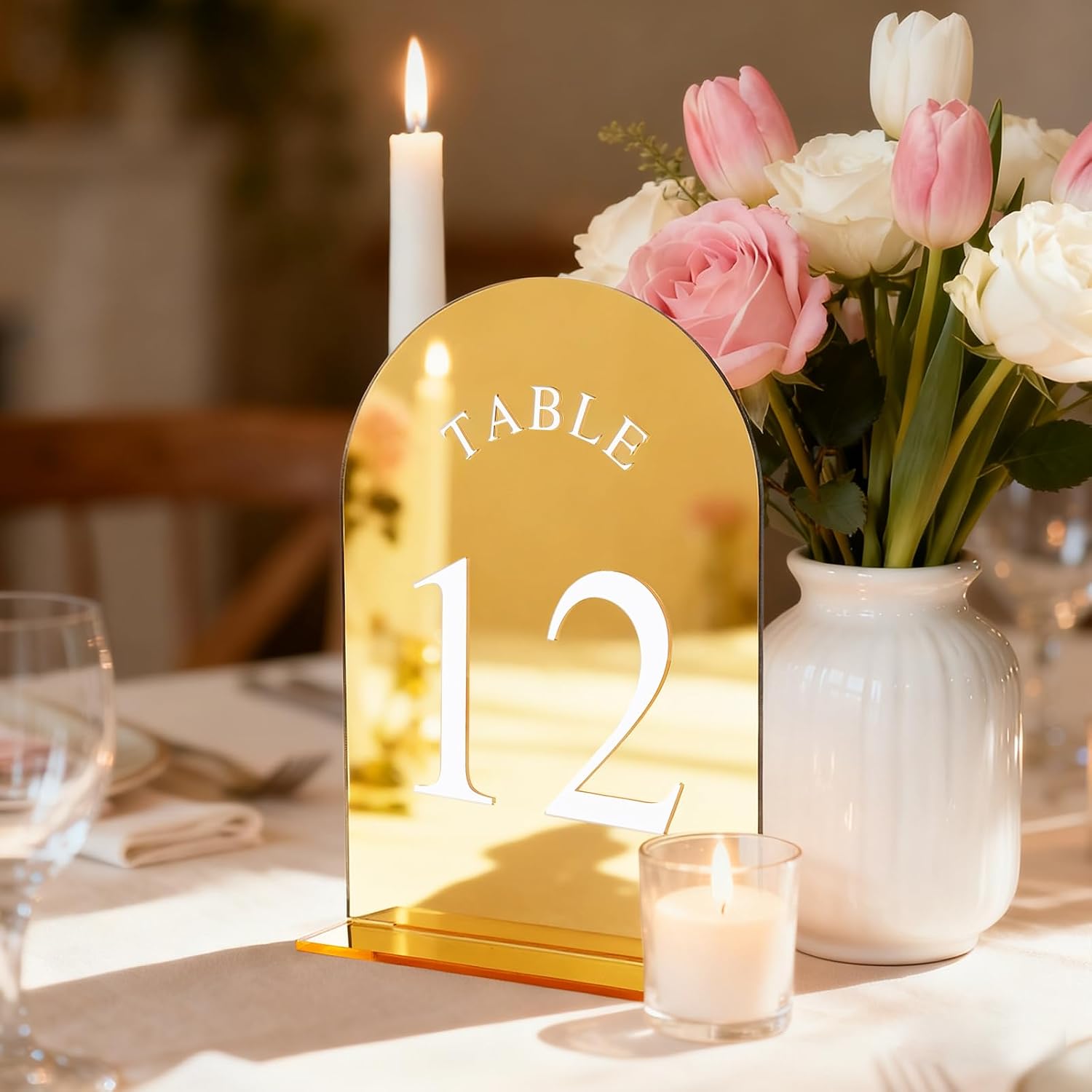 Gold Wedding Table Numbers with Stands, Double Sided 5x7 Inch Acrylic Signs Numbered 1-20, Elegant Arch Design Table Decorations for Wedding Reception Party Events
