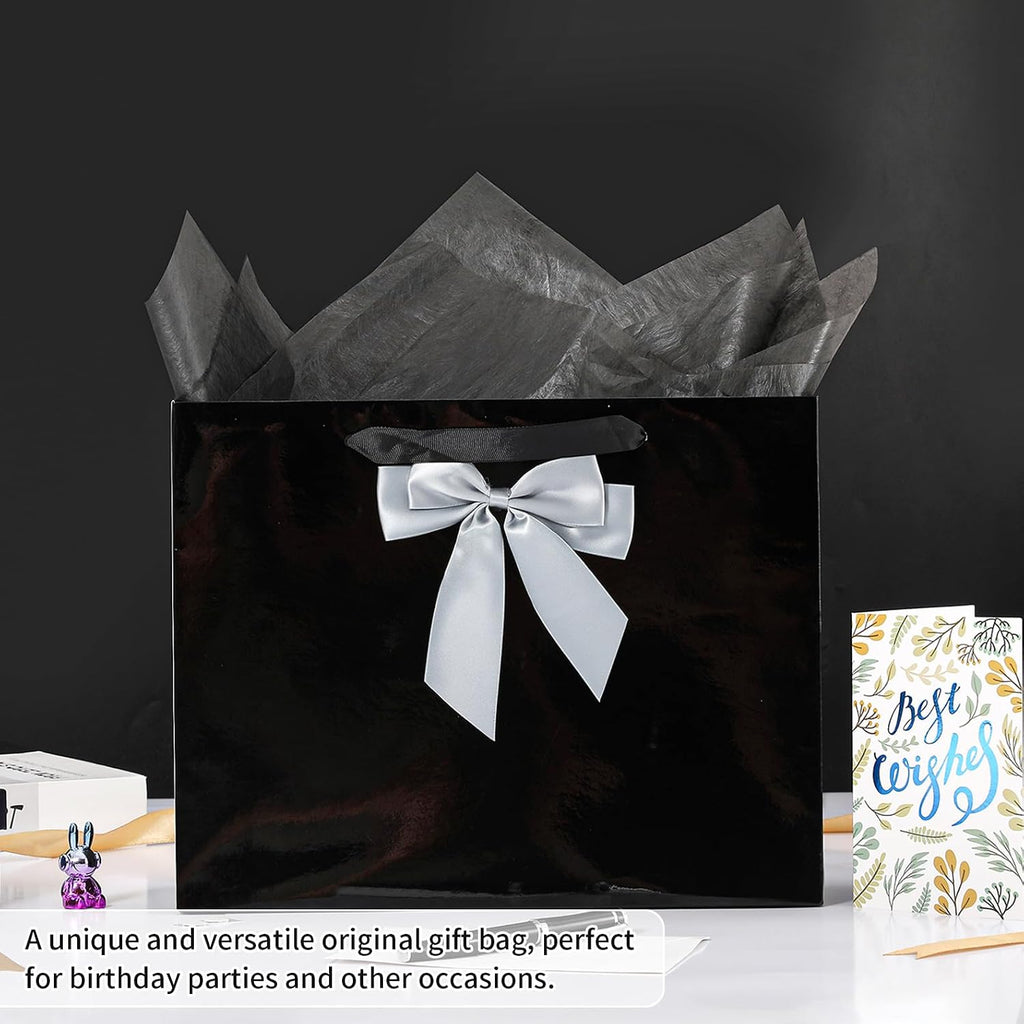 13" Black Bags with Handles, Birthday Gift Bag Set - 1 Gift Bag with Bow, 2 Tissues & Greeting Card for Men Women,Gift Bags Medium size(1 PCS Black Glossy)