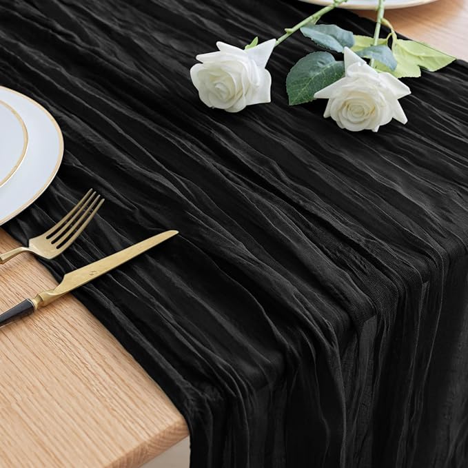 Asee'm Cheesecloth Table Runner 120 Inches Long Black Boho Gauze Cheese Cloth Runner 10FT Rustic Sheer Fall Table Runners for Thanksgiving Wedding Party Baby Shower Decoration