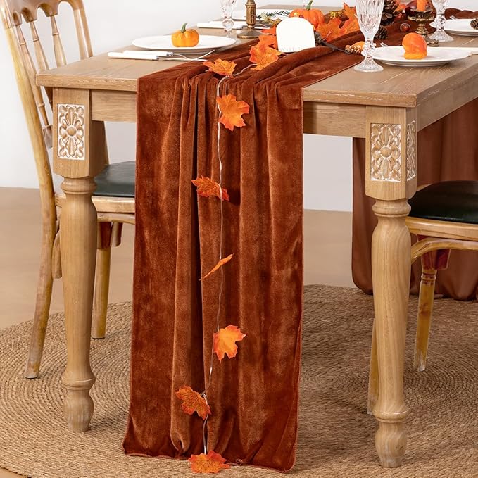 MLMC 2 Pack Terracotta Fall Thanksgiving Table Runner 10ft Luxury Burnt Orange Velvet Table Runner Fall Table Centerpiece 20x120 Inches for Wedding Bridal Shower Birthday Party Home Decor