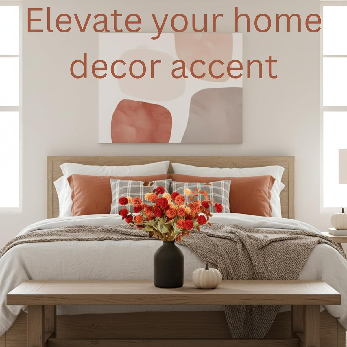 faux fall flowers, burnt orange artificial floral stems on a desk or shelf