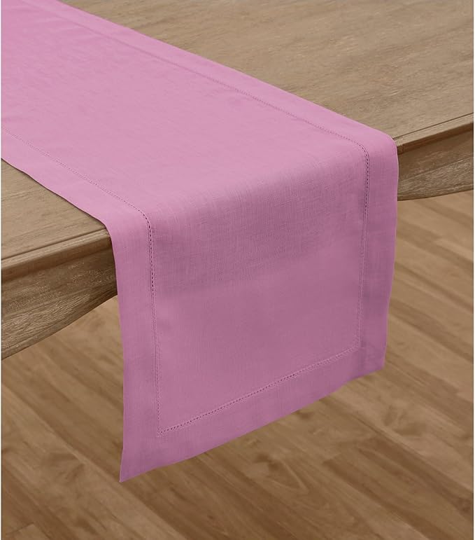 Solino Home Linen Table Runner 120 Inches Long - Classic Hemstitch 100% Pure Linen Violet Dining Table Runner 14 x 120 Inch for Halloween