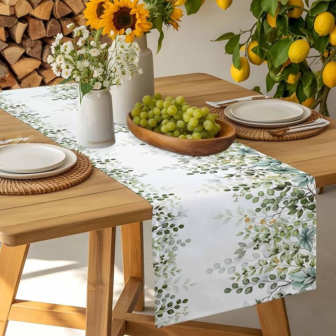 Sage Green Eucalyptus Cotton Linen Table Runner for Dining Kitchen,Farmhouse Leaves Botanical Floral Wedding Outdoor Party Tablerunners Decoration Dresser Scarf Coffee Tablecloth Runners 13x120 Inches
