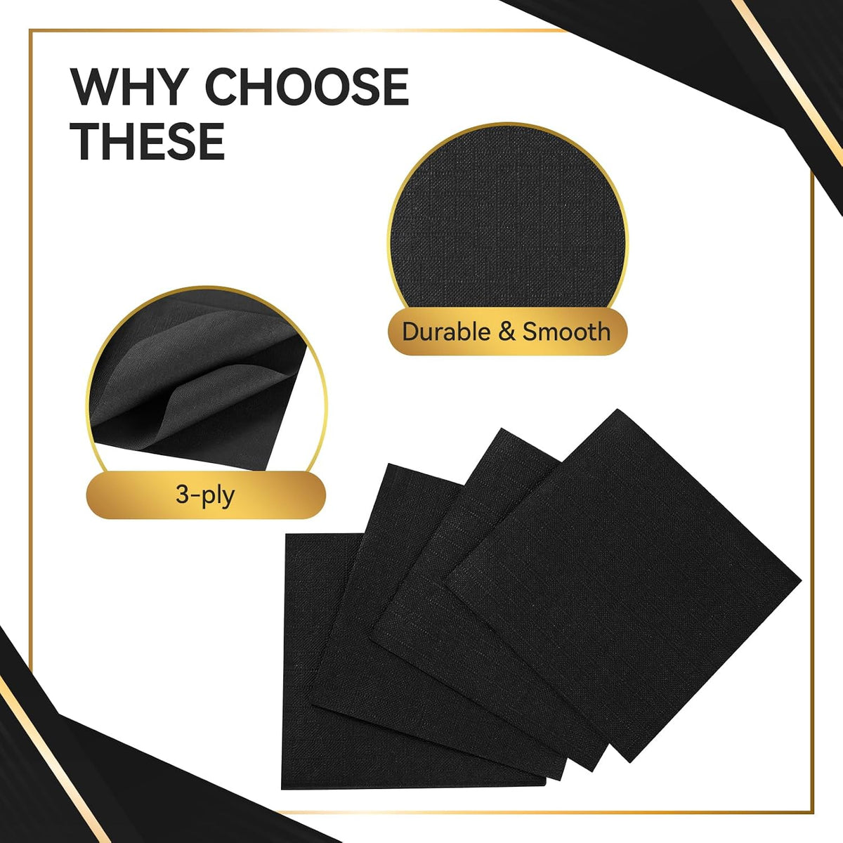 1000 Pack Black Cocktail Napkins, Beverage Napkins, 3 Ply, 4.9x4.9 inch