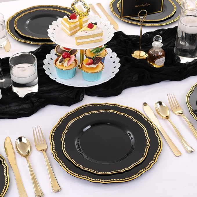 Hioasis 60pcs Black Plastic Plates - Black and Gold Disposable Dinnerware with Gold Rim, Heavy-duty, 7.5 inch, Dessert Plates for Party & Halloween