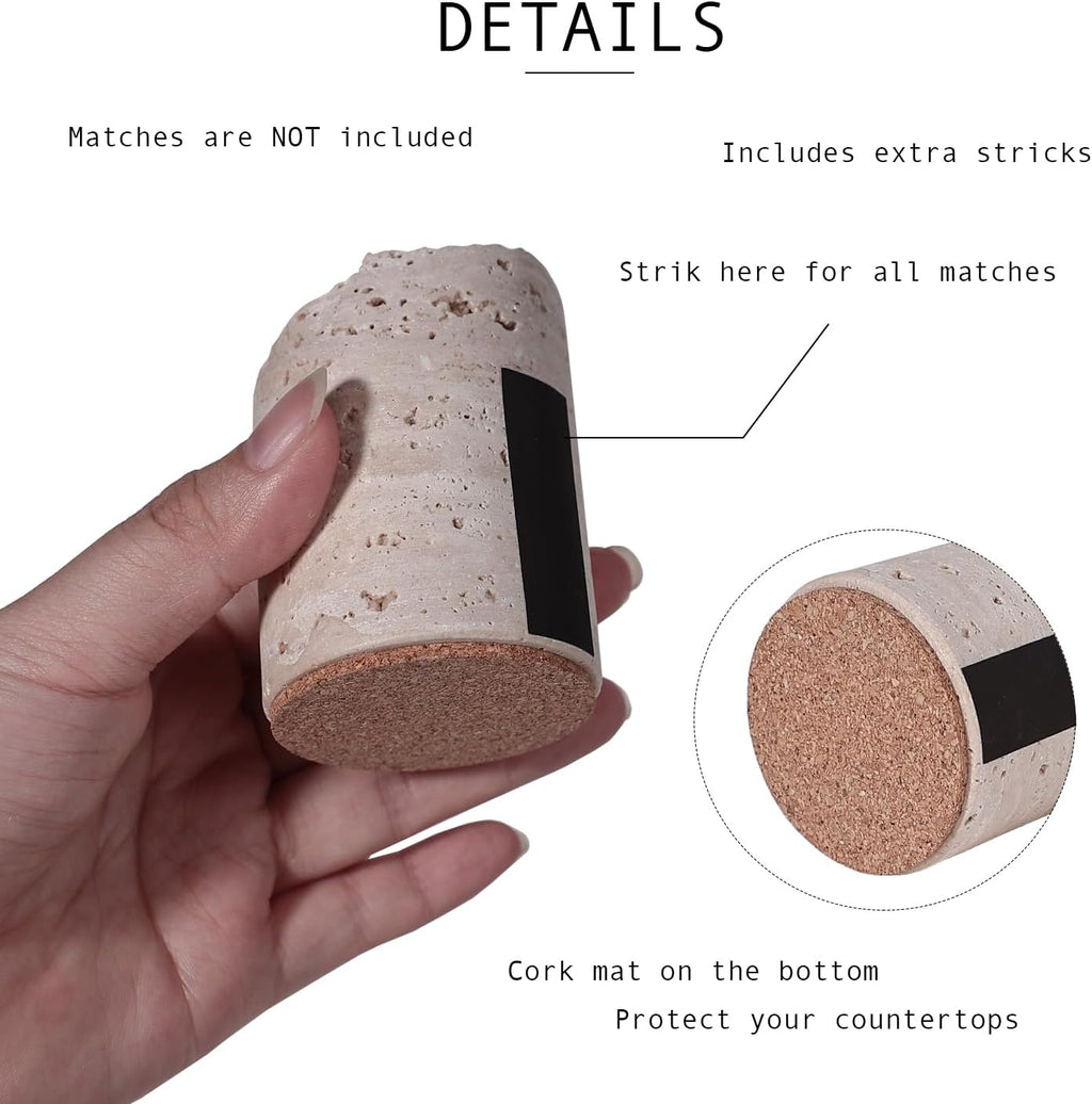 Match Holder with Striker - Set of 2 - Handmade Travertine Match Box - Matches in a jar for Bathroom Candle - Cute Home Decor - Matches Not Included