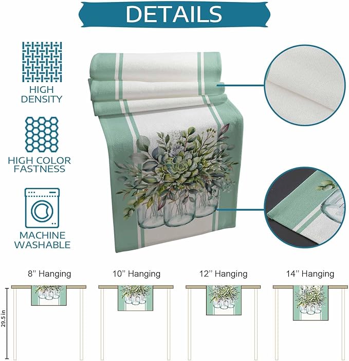 Eucalyptus Cotton Linen Table Runner for Dining Kitchen, Wedding Outdoor Party Tablerunners Decoration, Green Leaves Botanical Plants Watercolor Dresser Scarf Coffee Tablecloth Runners 13x72 Inches