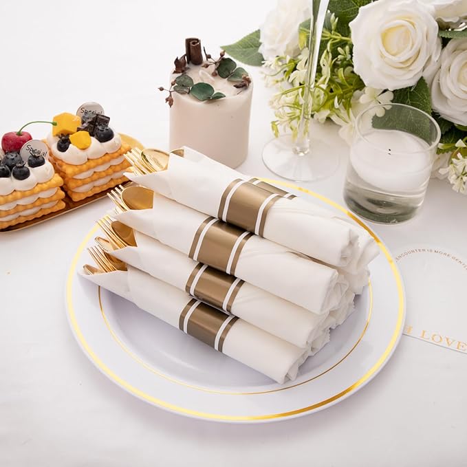 200Guests Pre Rolled Gold Plastic Silverware Sets - Heavy Duty Gold Cutlery - Include 200 Pack Wrapped Disposable Utensils with Napkins for Parties & Dinners & Weddings