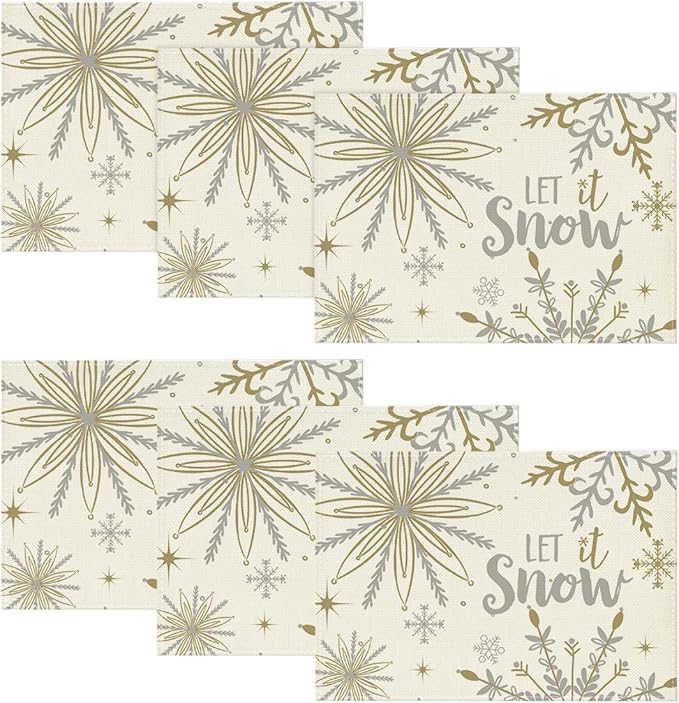 Artoid Mode Beige Snowflake Let It Snow Winter Placemats Set of 6, 12x18 Inch Seasonal Christmas Table Mats for Party Kitchen Dining Decoration