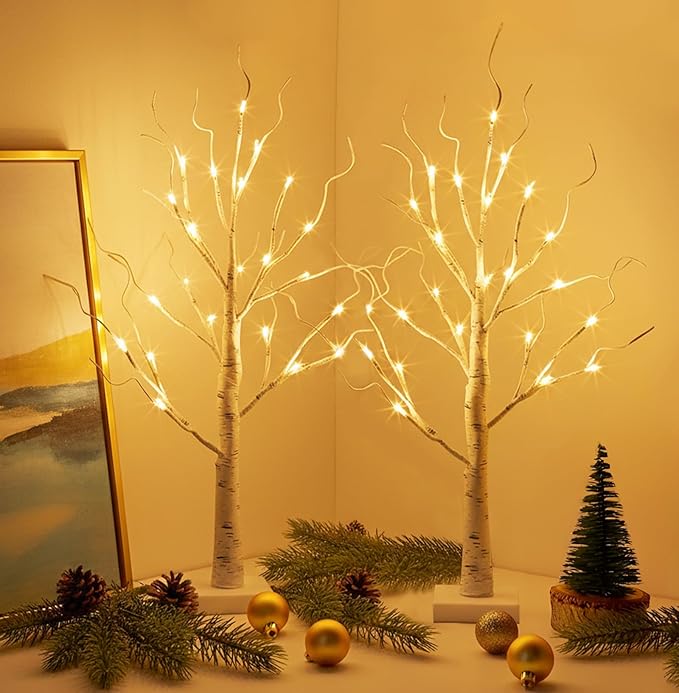 EAMBRITE Lighted Birch Tree Christmas Decorations Indoor for Home, 2Pack 24 LED Battery Operated/USB Tabletop Mini Small Artificial White Trees with Lights for Table Mantel Winter Xmas Decor (2FT)