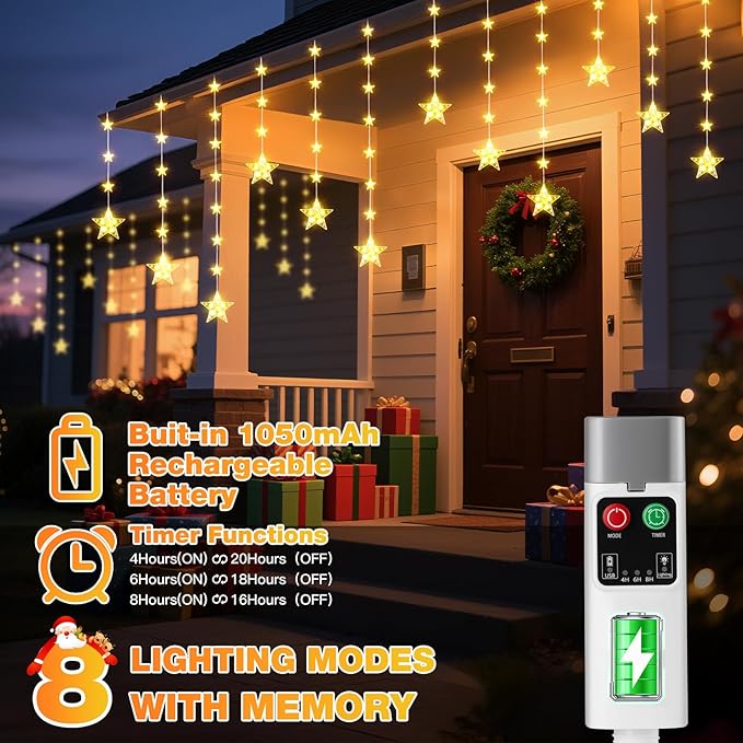 Rechargeable Stars Christmas Window Lights, IP65 Waterproof 90 LEDs 54 Stars Hanging Curtain Lights with 3 Timer Modes, Warm White Christmas Star Decoration for Indoor Outdoor Xmas Home Party Decor