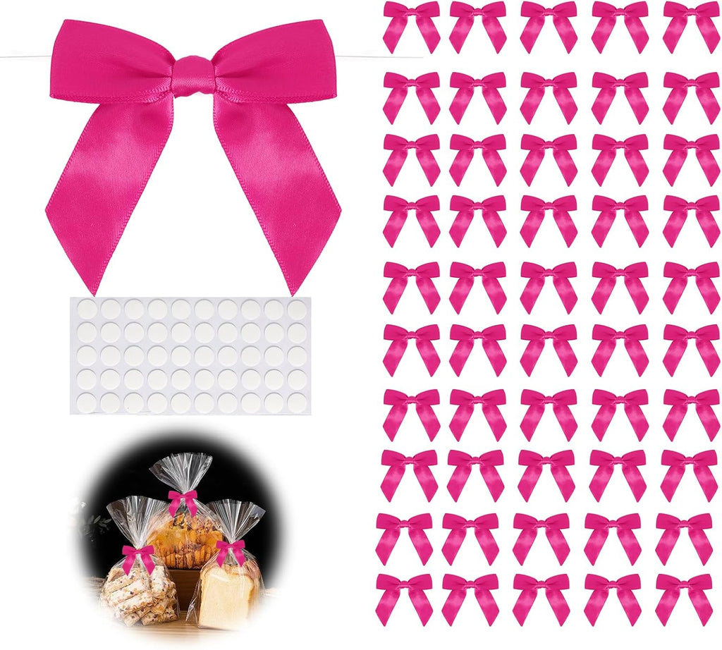 50pcs Hot Pink Twist Tie Bows, 3.5" Satin Ribbon Pre Tied Hot Pink Bow for Gifts Wrapping Treat Bags Candy Card, Mini Ribbon Bows for Crafts Wedding Bridal Baby Shower Birthday Mothers Day Bouquet