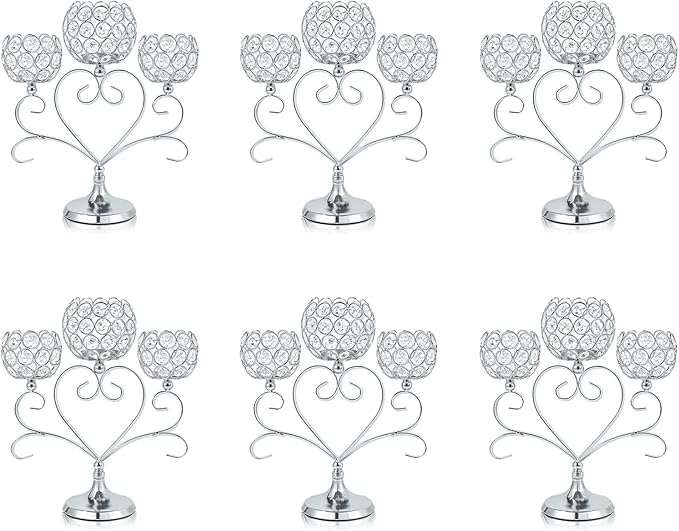 6 Pcs Silver 3-Arm Heart Tea Light Candle Holder - Crystal & Metal Wedding Centerpiece Decor, Sparkling Table Decor for Anniversaries/Romantic Tabletop Home/Dinner Party/Events