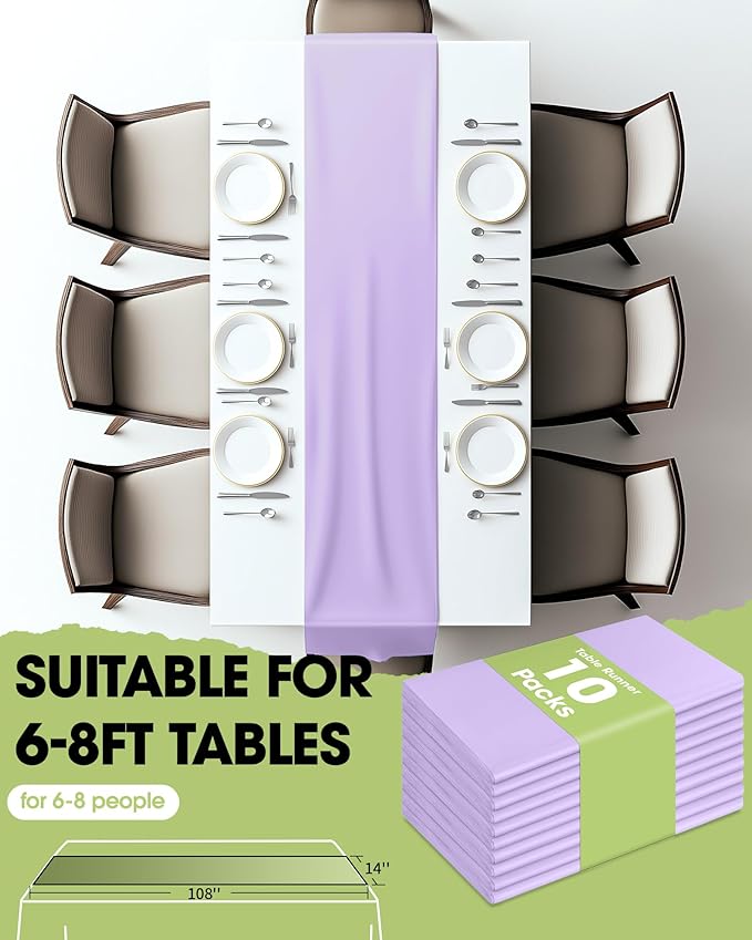 Pureegg Lilac Plastic Table Runners - 10 Pack, 14'' x 108'', Water Resistant & Disposable Lavender Centerpiece Decorations for Table Cloth, Wedding, Birthday, Holiday, Baby Shower, Party, Home Decor